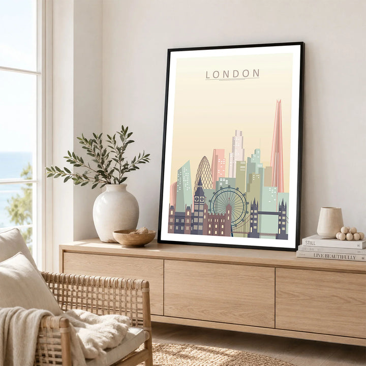 London city skyline art print framed in a living room