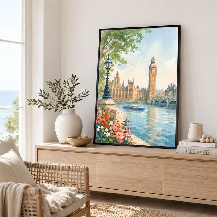 London Big Ben and Houses of Parliament watercolour art print framed in a living room