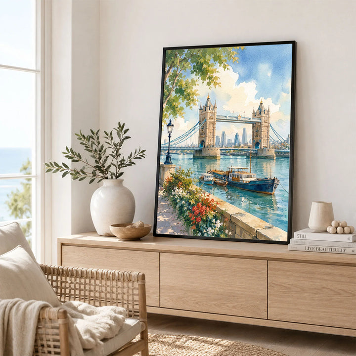 London Tower Bridge on the Thames watercolour art print framed in a living room