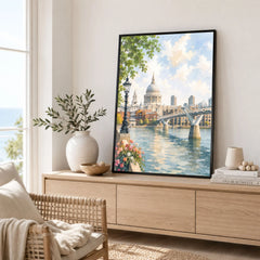 London St Paul's Cathedral and Millennium Bridge watercolour art print framed in a living room