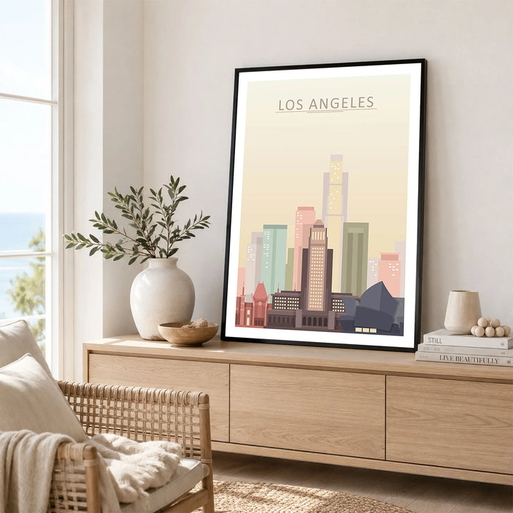 Los Angeles city skyline art print framed in a living room