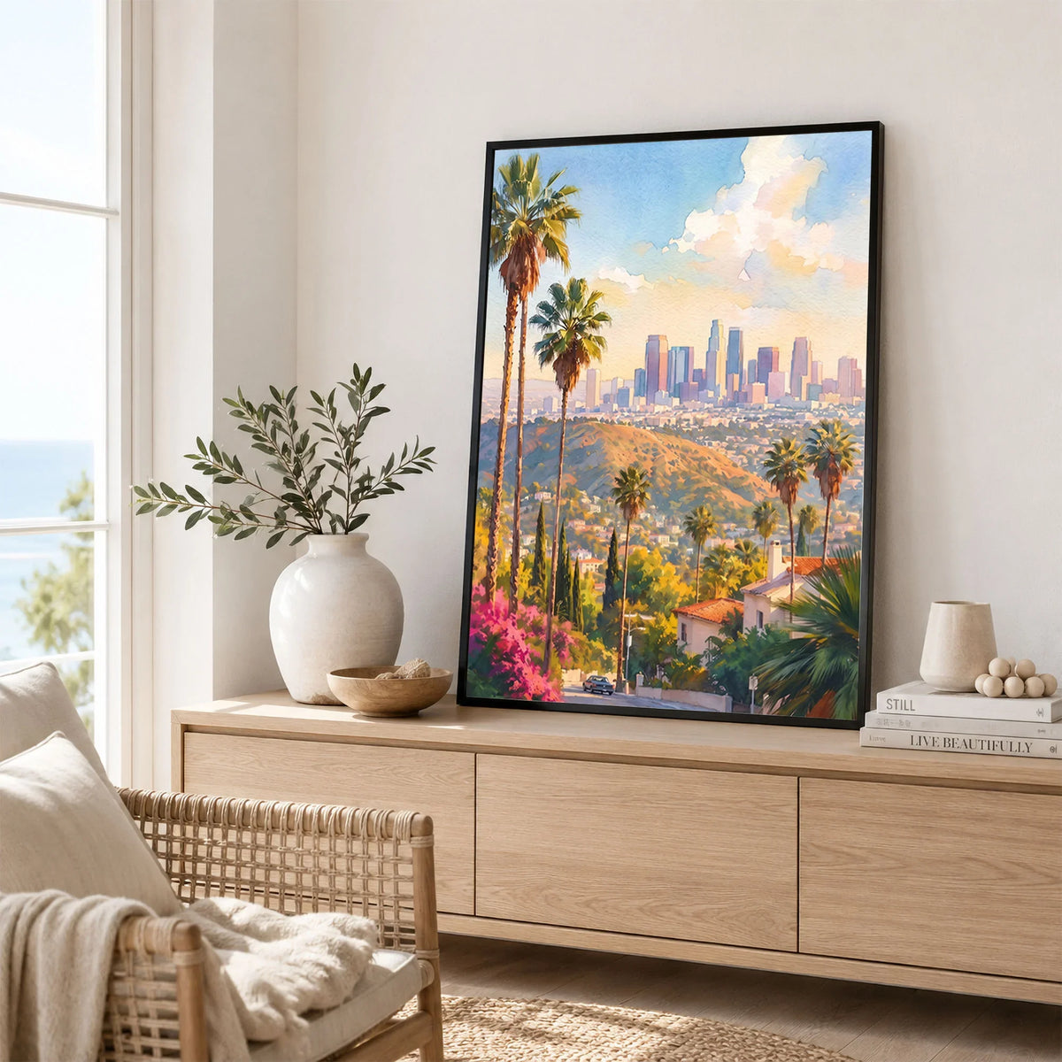 Los Angeles palm trees and downtown skyline watercolour art print framed in a living room