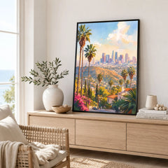 Los Angeles palm trees and downtown skyline watercolour art print framed in a living room