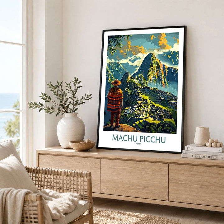 Machu Picchu Travel Poster - framed art print in living room setting