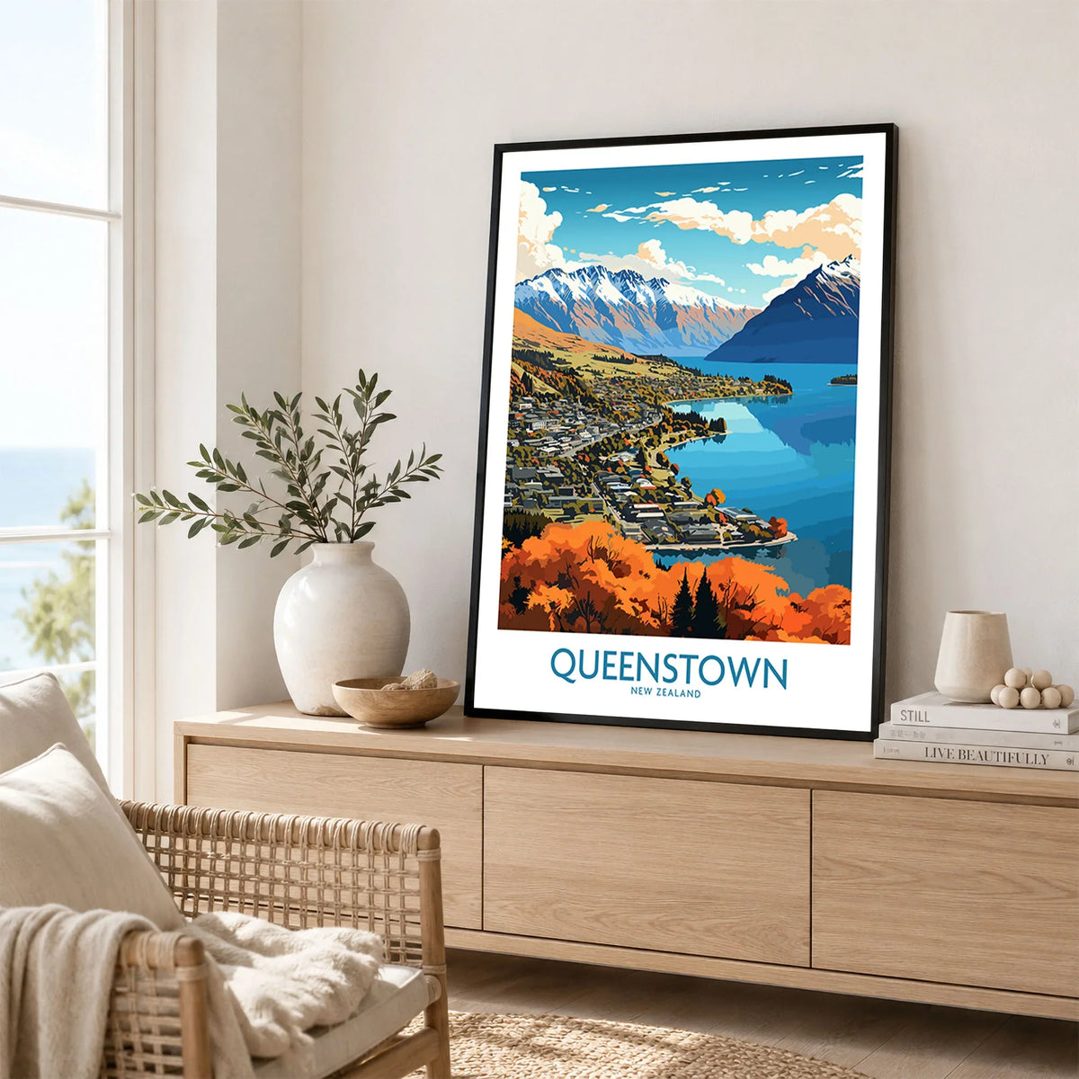 Queenstown New Zealand Lake Wakatipu in autumn modern travel poster framed in a living room