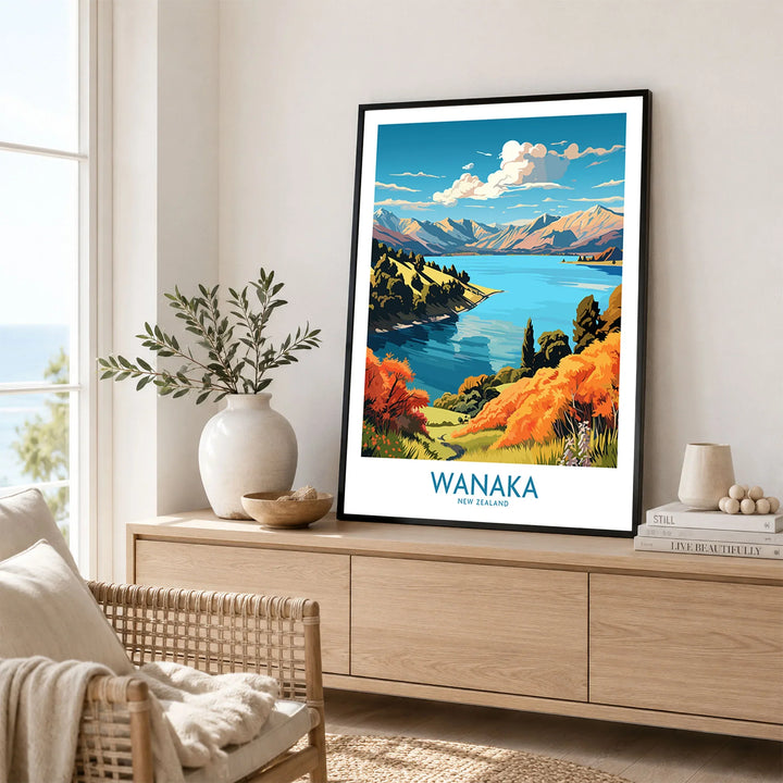 Wanaka Travel Poster New Zealand - framed art print in living room setting