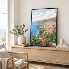 Madeira Funchal bay and coast watercolour art print framed in a living room