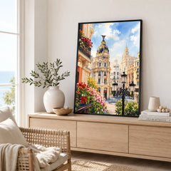 Madrid Metropolis building on Gran Vía watercolour art print framed in a living room