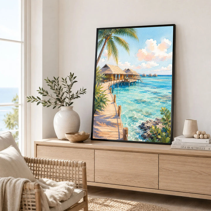 Maldives overwater villas and lagoon watercolour art print framed in a living room