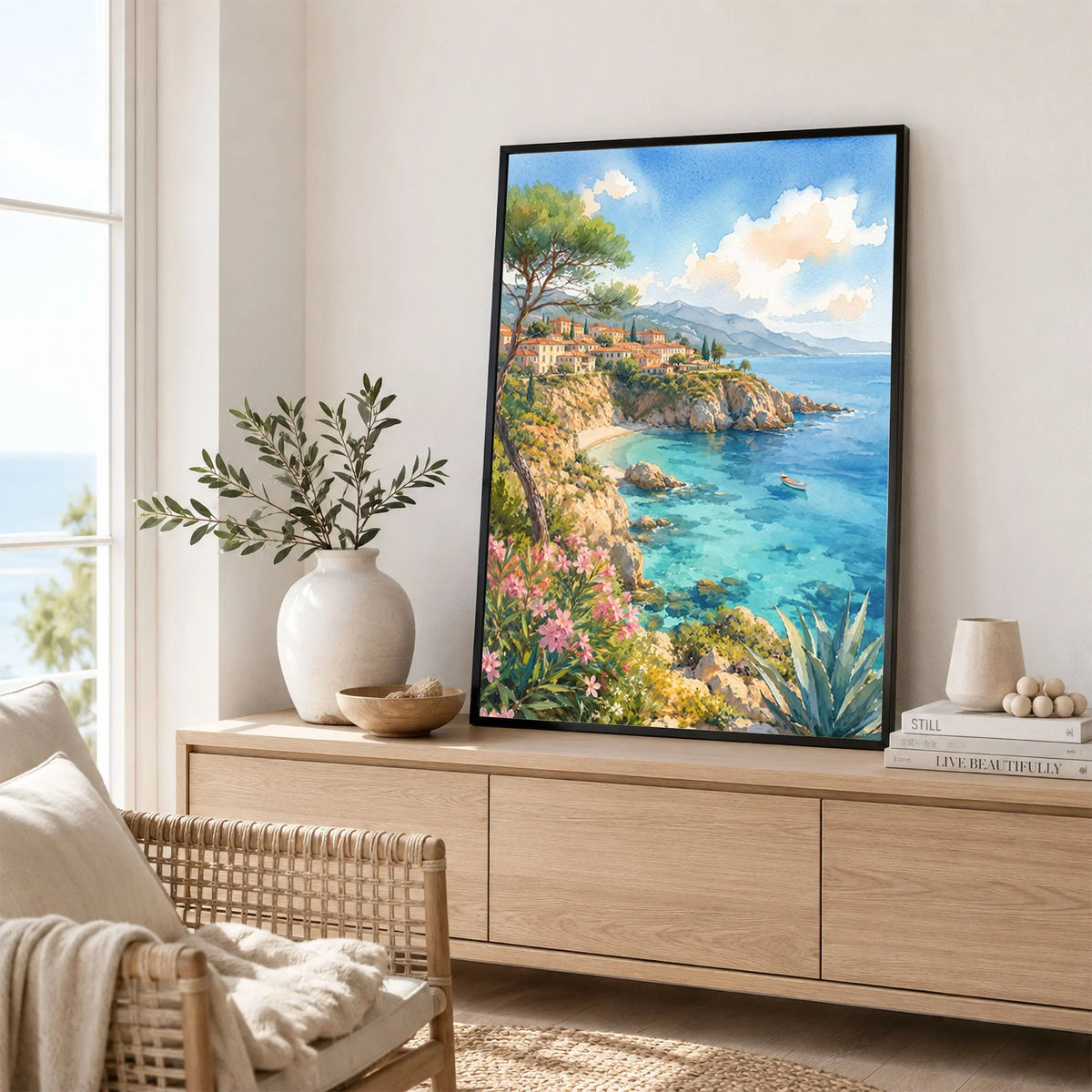 Mallorca turquoise cove and pines watercolour art print framed in a living room