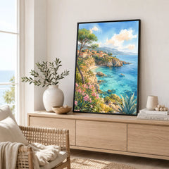 Mallorca turquoise cove and pines watercolour art print framed in a living room