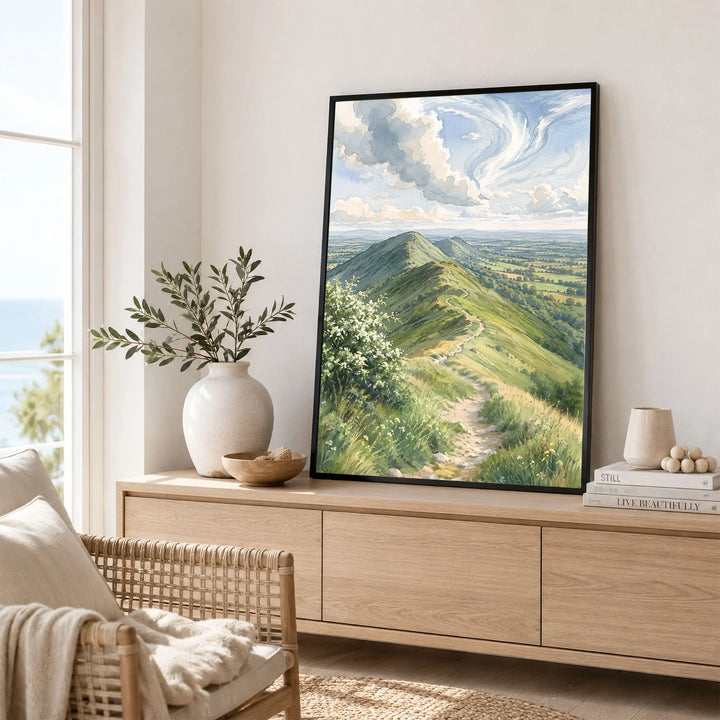 Malvern Hills ridge path watercolour art print framed in a living room