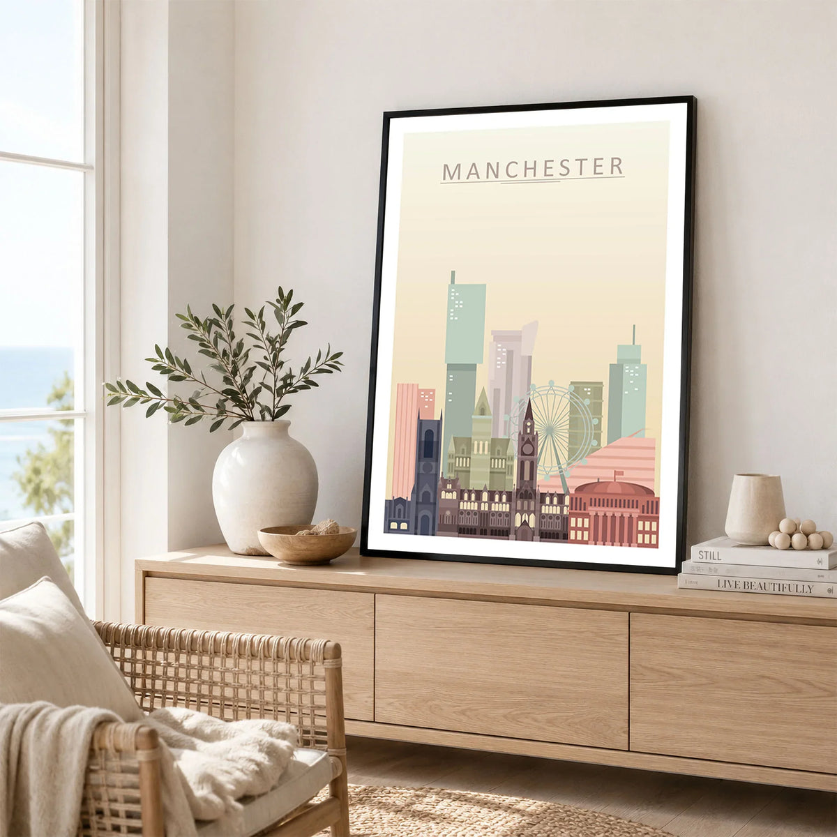 Manchester city skyline art print framed in a living room