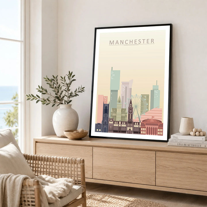 Manchester city skyline art print framed in a living room