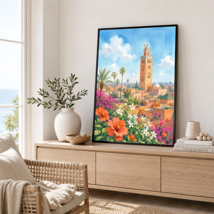 Marrakech Koutoubia Mosque watercolour art print framed in a living room