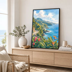 Maui Road to Hana coastline watercolour art print framed in a living room