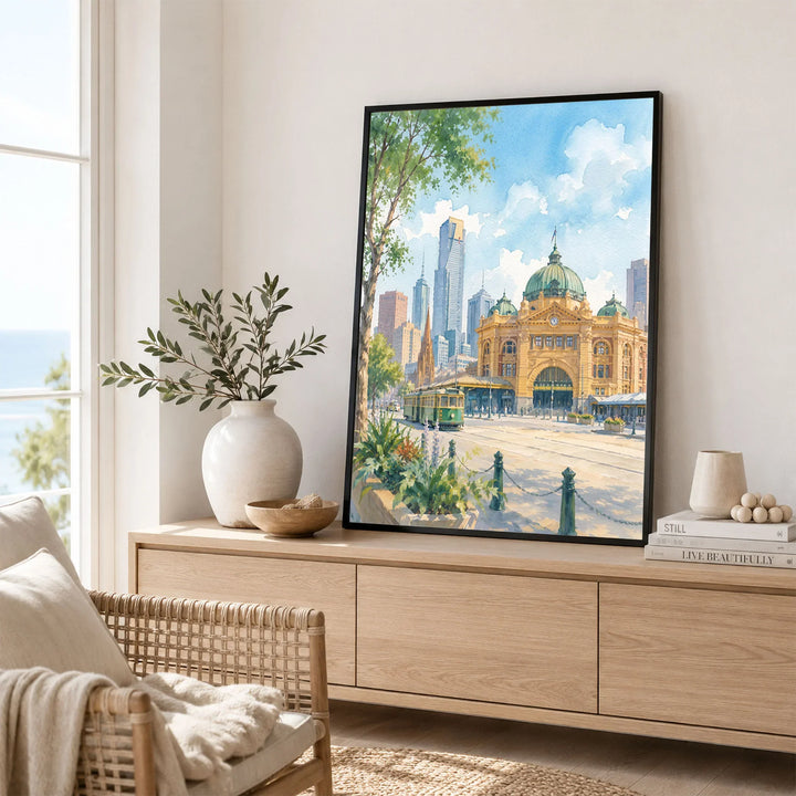Melbourne Flinders Street Station and tram watercolour art print framed in a living room