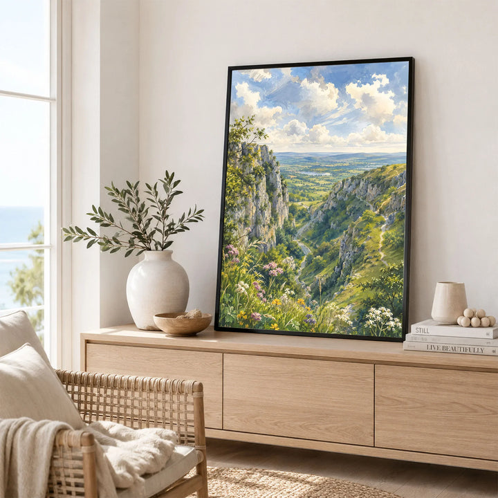 Mendip Hills Cheddar Gorge watercolour art print framed in a living room