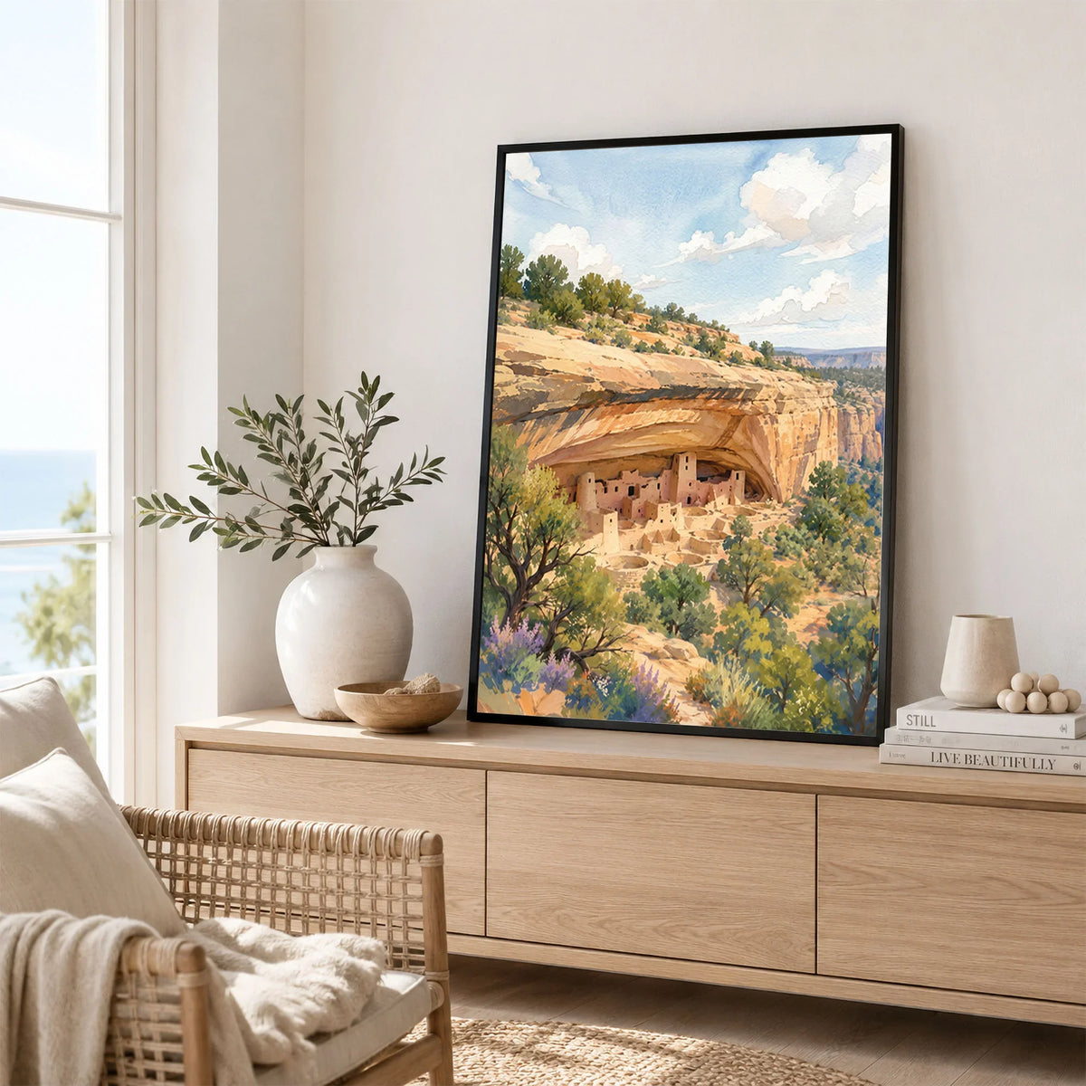 Mesa Verde National Park Cliff Palace dwellings watercolour art print framed in a living room