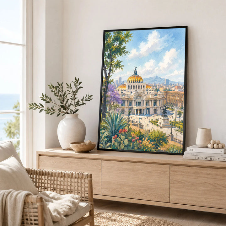 Mexico City Palacio de Bellas Artes watercolour art print framed in a living room