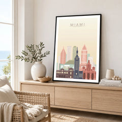 Miami city skyline art print framed in a living room