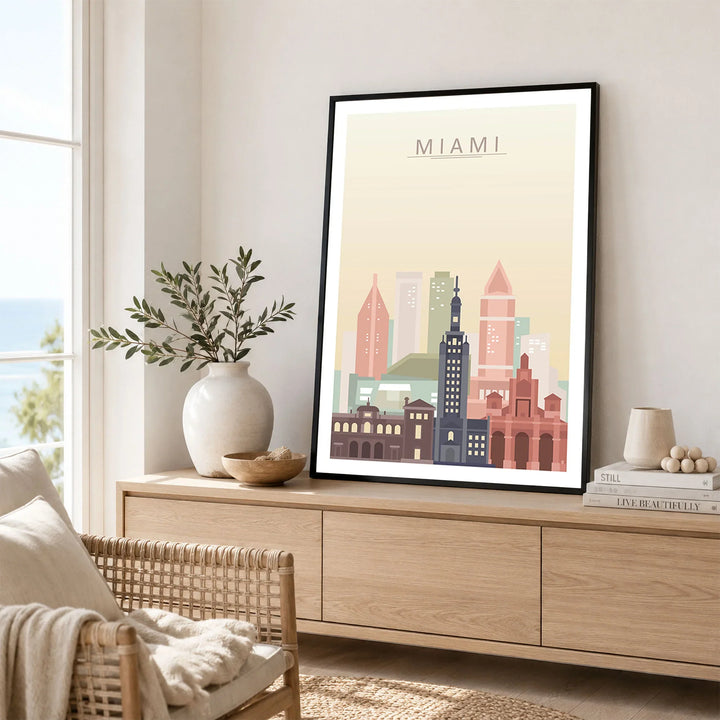 Miami city skyline art print framed in a living room