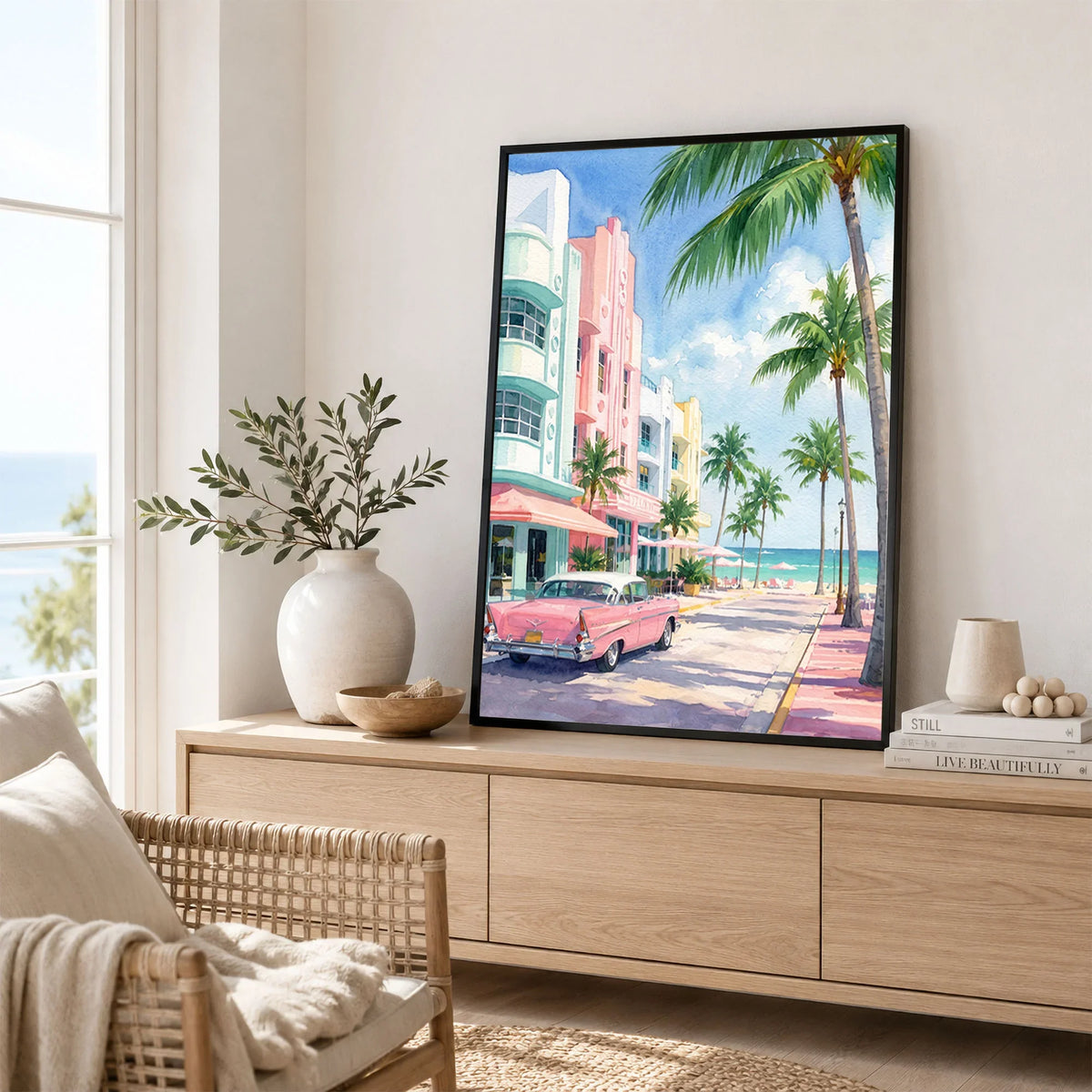 Miami Art Deco Ocean Drive and classic car watercolour art print framed in a living room