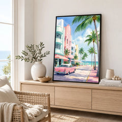 Miami Art Deco Ocean Drive and classic car watercolour art print framed in a living room