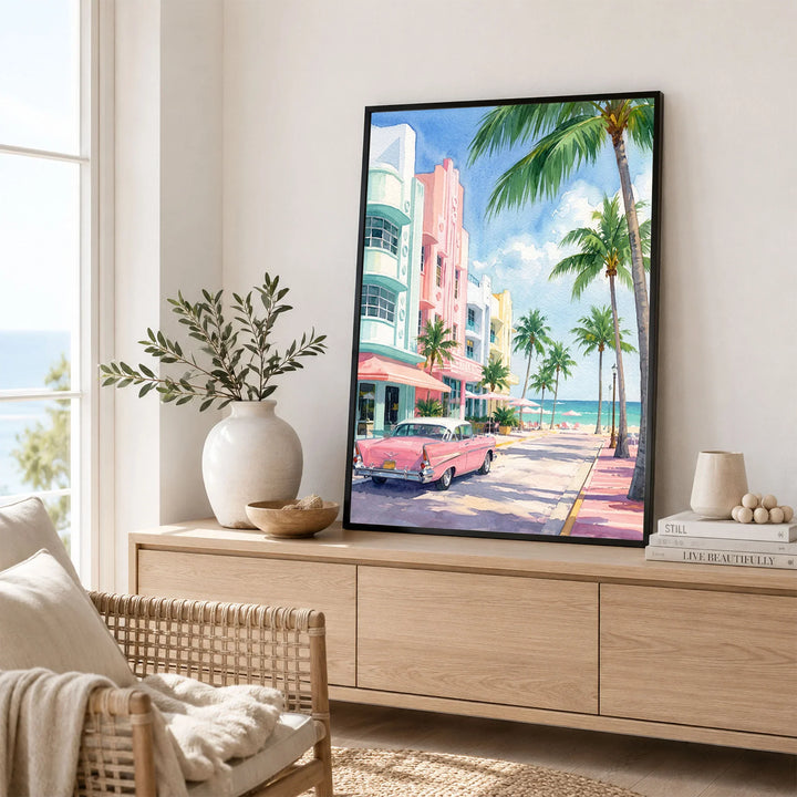 Miami Art Deco Ocean Drive and classic car watercolour art print framed in a living room