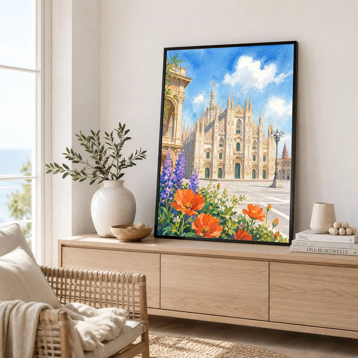 Milan Duomo di Milano watercolour art print framed in a living room