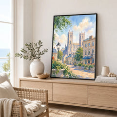 Montreal Notre-Dame Basilica in Old Montreal watercolour art print framed in a living room