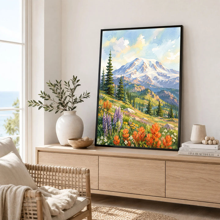 Mount Rainier National Park wildflower meadows watercolour art print framed in a living room