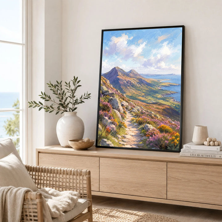 Mourne Mountains mountain path above the sea watercolour art print framed in a living room
