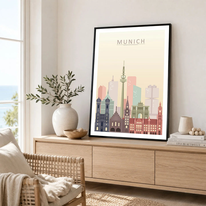 Munich city skyline art print framed in a living room