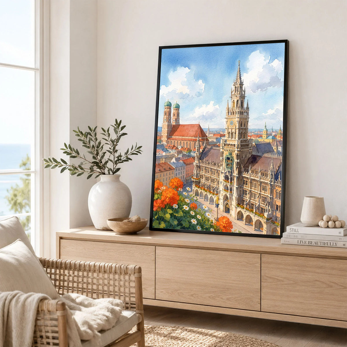 Munich New Town Hall and Frauenkirche watercolour art print framed in a living room