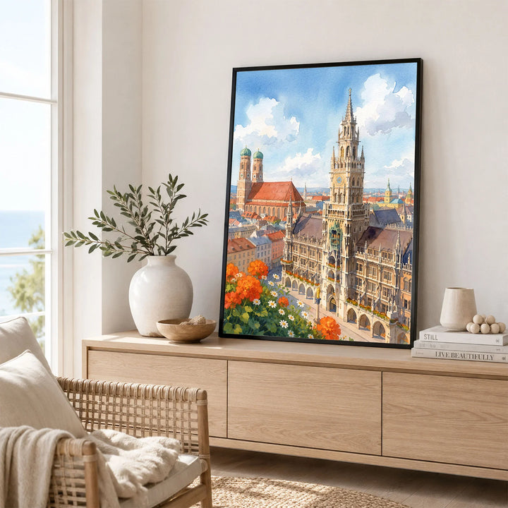Munich New Town Hall and Frauenkirche watercolour art print framed in a living room