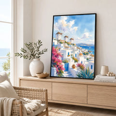 Mykonos windmills and white houses watercolour art print framed in a living room