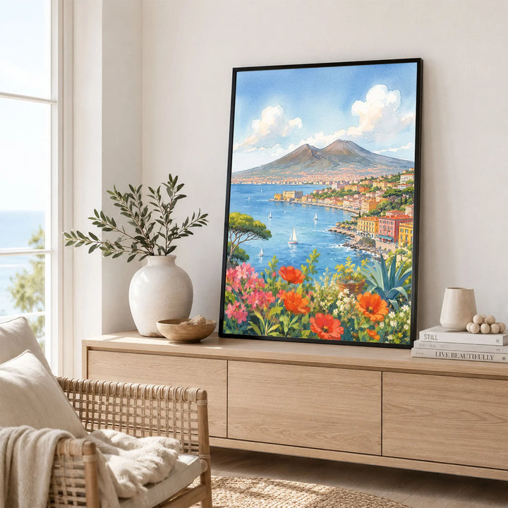 Naples Bay of Naples and Vesuvius watercolour art print framed in a living room