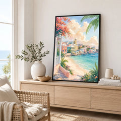 Nassau pastel waterfront and beach watercolour art print framed in a living room
