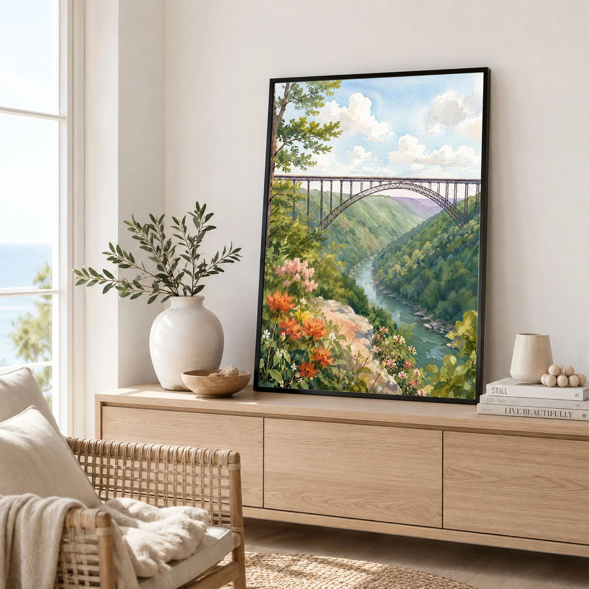 New River Gorge National Park New River Gorge Bridge watercolour art print framed in a living room