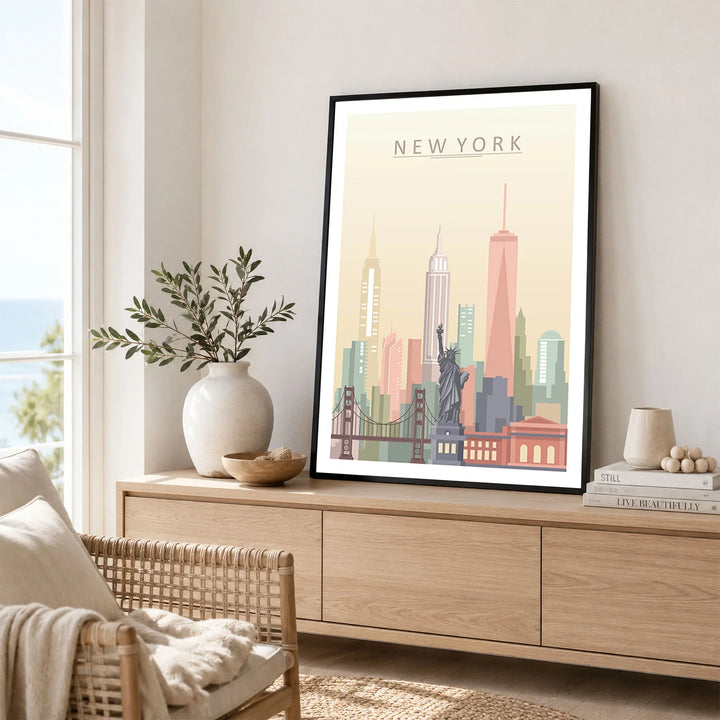 New York city skyline art print framed in a living room