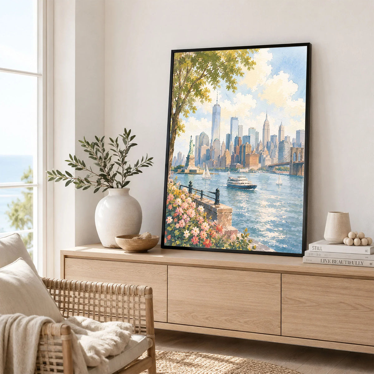 New York Statue of Liberty and Manhattan skyline watercolour art print framed in a living room