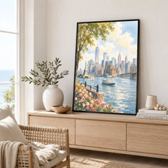 New York Statue of Liberty and Manhattan skyline watercolour art print framed in a living room