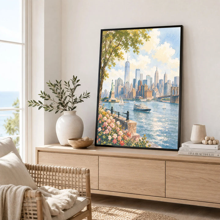New York Statue of Liberty and Manhattan skyline watercolour art print framed in a living room