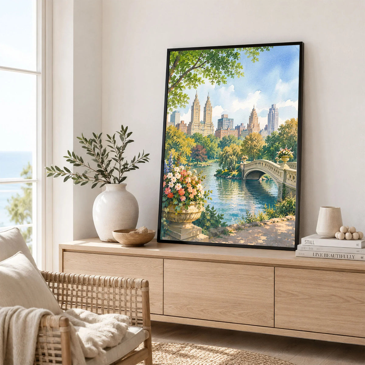 New York Central Park Bow Bridge watercolour art print framed in a living room