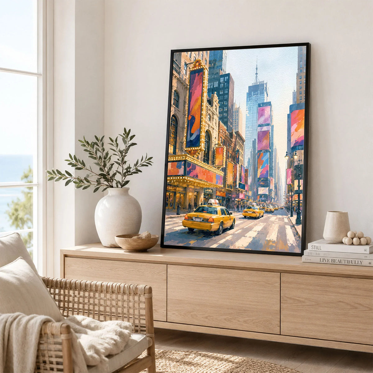 New York Times Square and yellow cabs watercolour art print framed in a living room