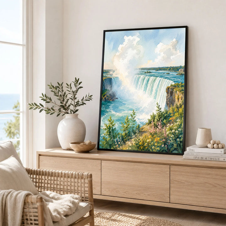 Niagara Falls State Park Horseshoe Falls watercolour art print framed in a living room