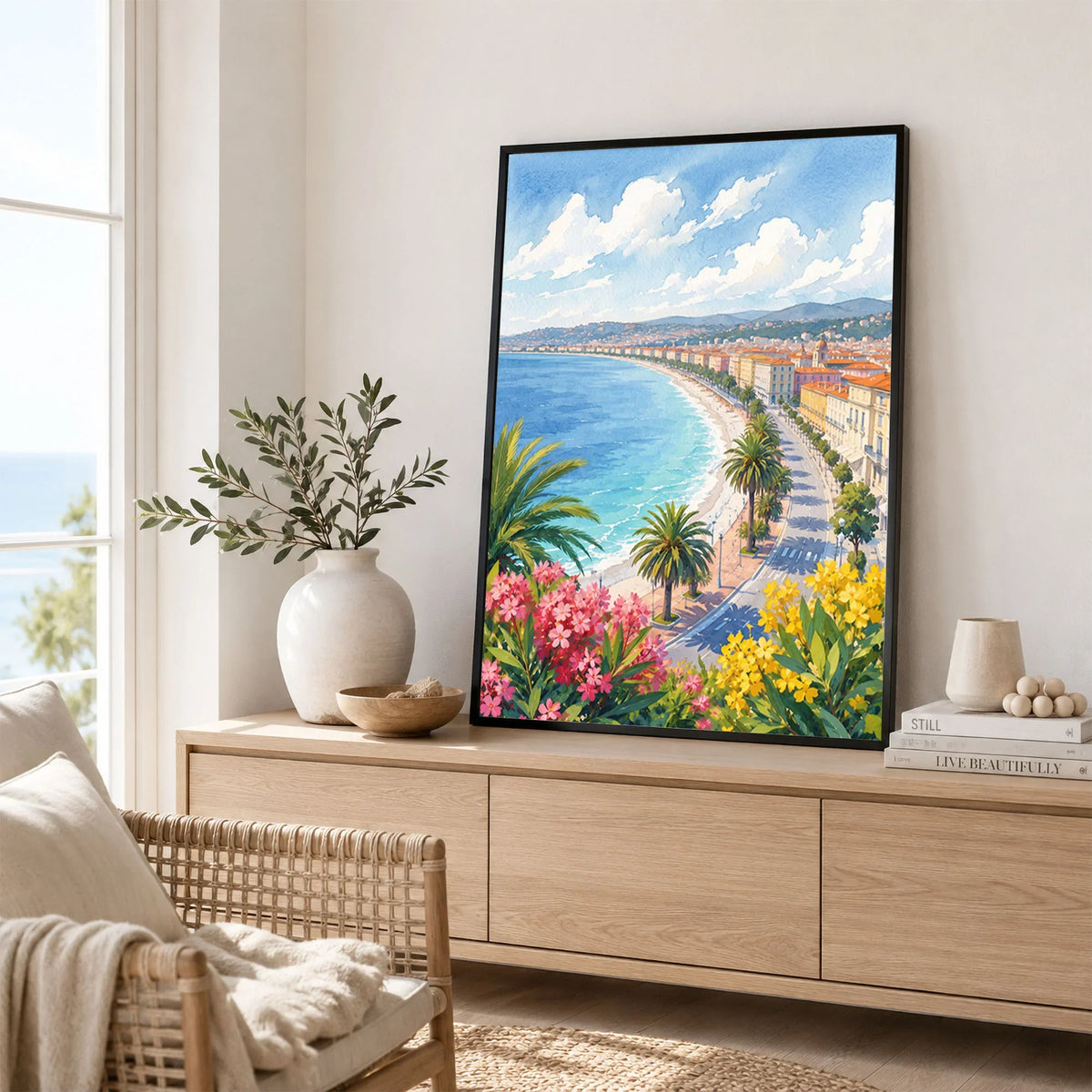 Nice Baie des Anges and promenade watercolour art print framed in a living room