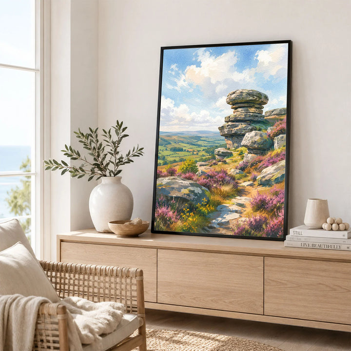 Nidderdale Brimham Rocks watercolour art print framed in a living room