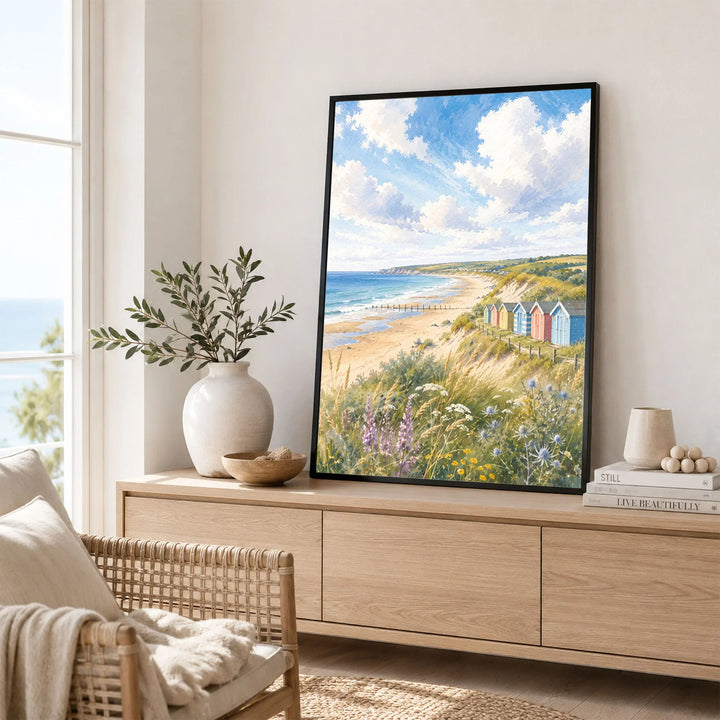 Norfolk Coast beach huts and sandy beach watercolour art print framed in a living room